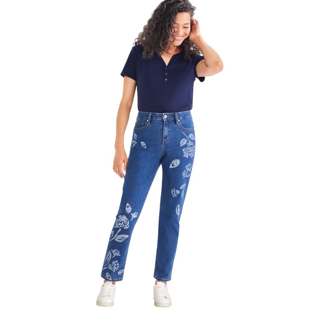 Style & Co Floral Print Straight Leg Jeans Blue Denim Cottagecore Size 4‎ Womens